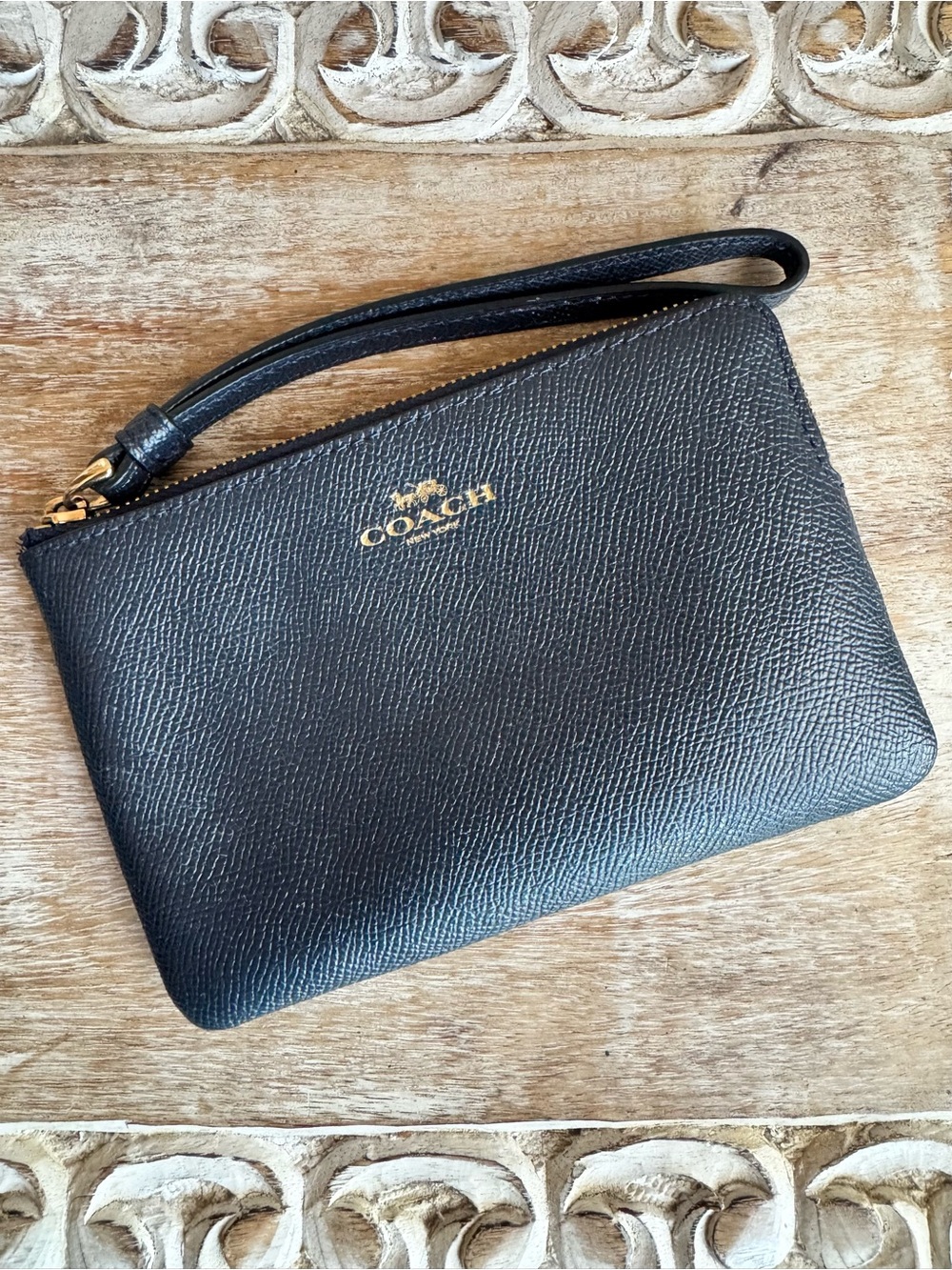 Coach Navy Pebbled Leather Wristlet